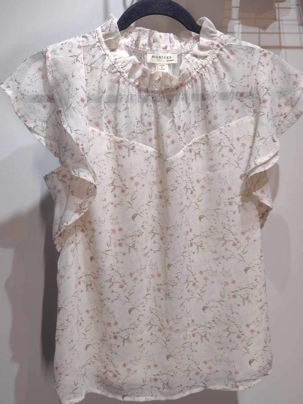 Last Chance Monteau Cream Floral Ruffle-Sleeve Blouse (Sz S) Garden Feminine - Picture 3 of 10